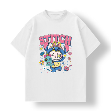 Біла футболка з трендовим принтом Stitch Labubu, Дитяча, 110-116