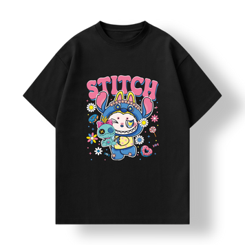 Футболка з трендовим принтом Stitch Labubu, чорна, Дитяча, 110-116