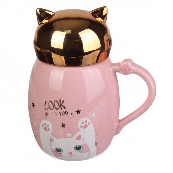 Чашка керамическая c зеркальной крышечкой "Cat", розовая